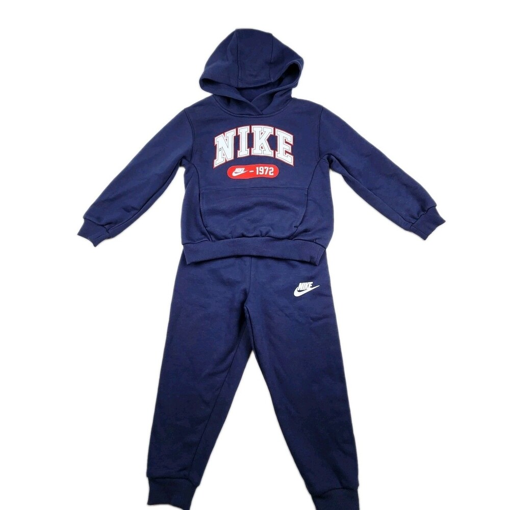 Nike 2-Piece Fleece Tracksuit Set Kid 4/5 Navy Blue Logo Retro NWT Hoodie Pocket